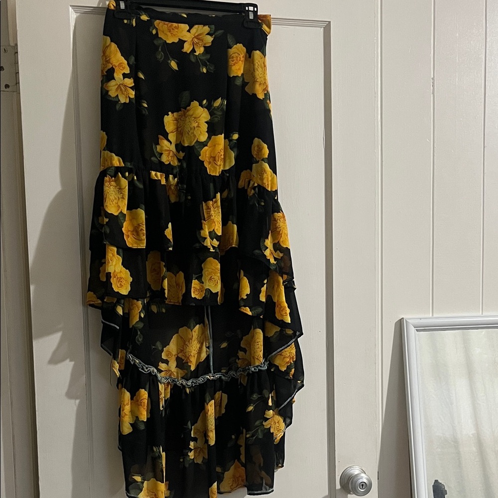 High-Low Tiered Skirt in Black with Yellow Floral Print